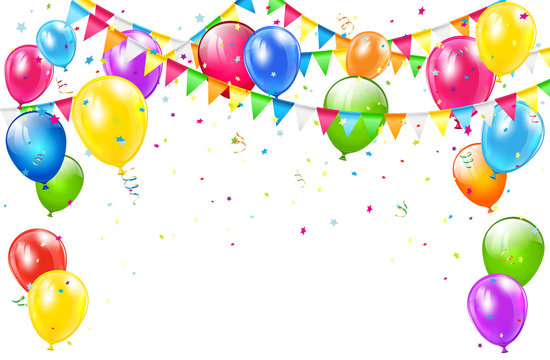 Birthday background with balloons and pennants on white