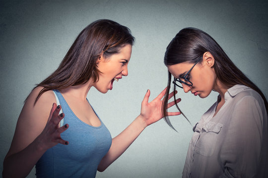 Angry woman abusing screaming at another scared nerdy one in glasses