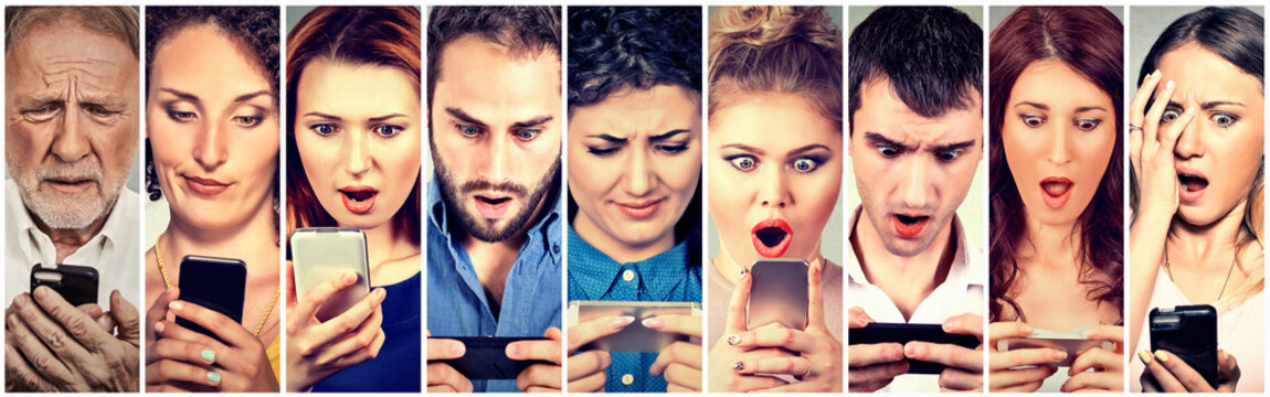 Surprised shocked group of people men women texting on smart phone