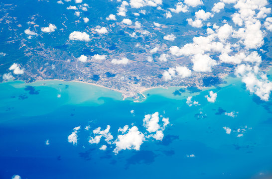 
Italy and sea cost line, aerial view from the airplane. View includes Brindisit town and airport 