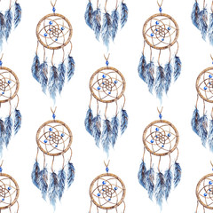 Watercolor ethnic tribal hand made feather dream catcher seamless pattern