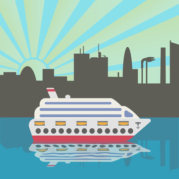 Cruise ship arrives in port. Sunset. City silhouette reflected in the water. Vector illustration.