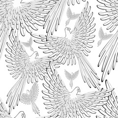 coloring of seamless pattern Red the Caribbean parrot flying. 
