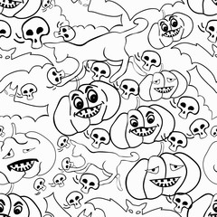 Fototapeta premium Coloring seamless pattern with Happy Halloween: pumpkin, cat, sk