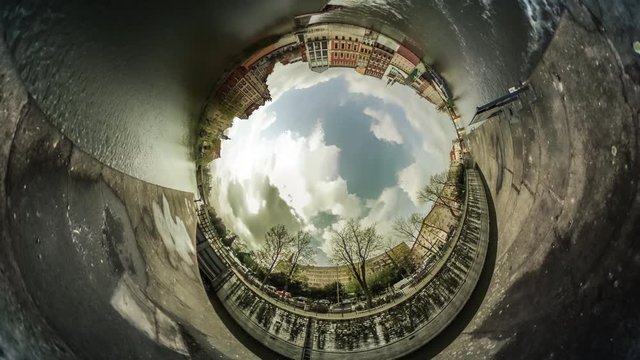 People Cars Driven Through the River Video 360 vr Bridge Rippling Water Opole Poland Old City Square Vintage Buildings Crowd of People Crossing a Place