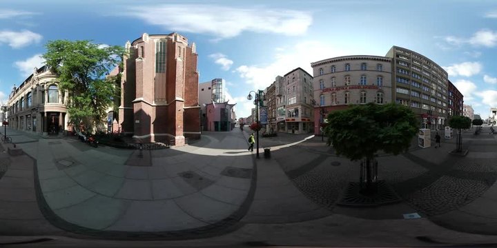 360Vr Video Man on City Square High Temperature Festival in Wroclaw Sunny Day Vintage Buildings Square is Made up With Paving Stones Cars Cityscape