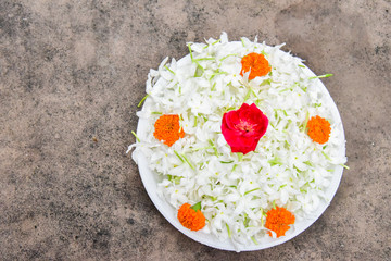 Close-Up of Flower Offerings on a Plate in the Mahabodhi Temple Complex, Bodh Gaya, India