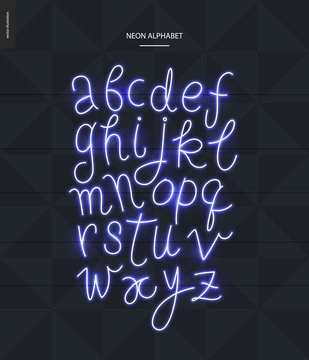 Neon alphabet volume 2 - vector illustrated script font glowing letters set on dark trinagled pattern background
