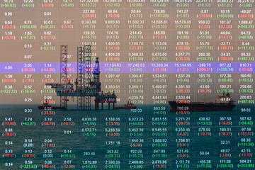 Stock market concept with oil rig in the gulf background,Double exposure