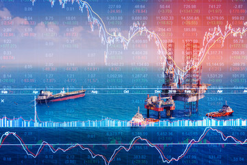 Stock market concept with oil rig in the gulf background,Double exposure