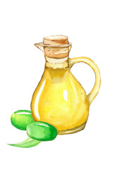 Olive Oil, watercolor painting isolated on white background