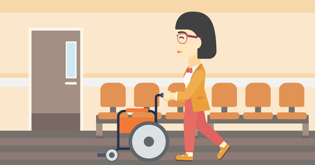 Woman pushing wheelchair vector illustration.
