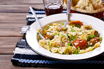 Farfalle pasta with sausage