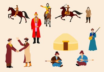 Kazakh people in natrional ethnic dress, vector icons set