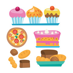 Pizza and assortment of sweet pastry.