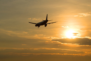 Fototapeta na wymiar A passenger plane leaves in the evening sunset