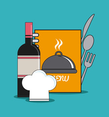 bottle book cutlery plate chefs hat catering service menu food icon, Vector illustration