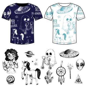 Set mystical objects and T-shirts with prints.