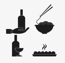 bottle cup wine hand noodle pizza catering service menu food icon. Silhouette illustration