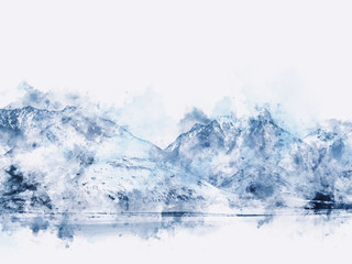 Fototapeta na wymiar Abstract mountains landscape on white background, digital watercolor painting