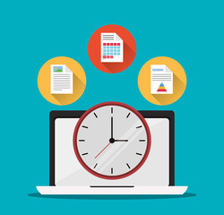 laptop document infographic clock office work time supply icon. Colorfull and flat illustration, vector