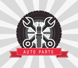 wrench wheel auto parts vehicle car repair machine garage icon. Isolated and striped illustration