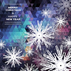 Origami Merry Christmas and Happy New Year card with snowflakes on polygonal dark blue background. Paper cut abstract vector illustration