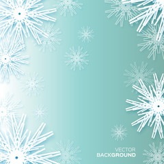 Origami Merry Christmas and Happy New Year card with snowflakes on blue background. Paper cut abstract vector illustration