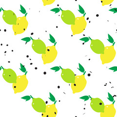 Lemons and limes seamless pattern with hexagon dot on white background. Colorful vector illustration
