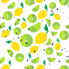 Lemons and limes seamless pattern with hexagon dot on white background. Colorful vector illustration