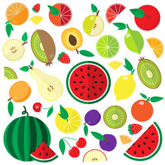 Colorful flat fruits and berries icons set. Template for cooking, restaurant and vegetarian menu. Healthy food vector illustration design