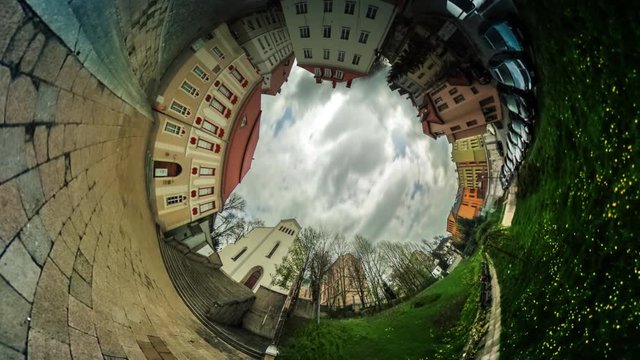People Walk by Paving Near Church Video 360 vr Panoramic View of Square Opole Poland Old City Square Green Lawns Vintage Buildings Stairs to Cathedral