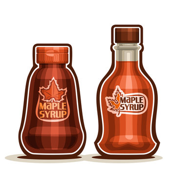 Vector Logo Maple Syrup Bottles, Jar Sweet Maple Nectar With Plastic Cap, Souvenir Glass Bottle Canadian Syrup With Leaf On Label, Isolated On White Background, Vermont Liquid Dessert For Breakfast.