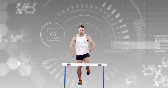 Athlete jumping over hurdle against the animated background