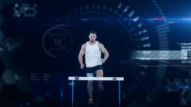 Athlete jumping over hurdle against the animated background