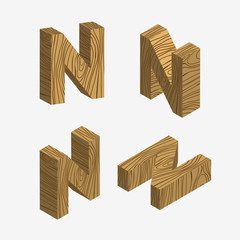 Set of four wooden block,Three-dimensional wooden alphabet. Vector illustration of 3d, Letters N