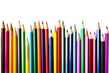 Color pencils row on white background; education equipment