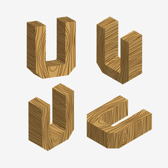 Set of four wooden block,Three-dimensional wooden alphabet. Vector illustration of 3d, Letters U