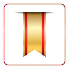 Red and gold bookmark banner. Vertical book mark, isolated on white background. Color tag, label. Flag symbol, sign. Design element blank. Empty sticker for sale. Template icon. Vector illustration