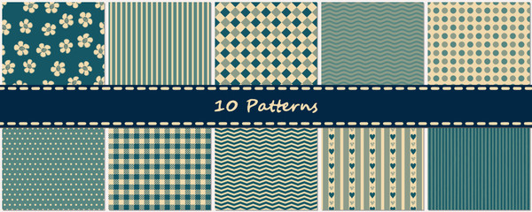10 nahtlose Muster Hintergründe vintage blau als Set mit Streifen, Punkten und Karos