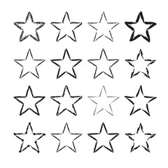 Star icons with grunge texture set. Vintage retro style. Design elements. Black silhouette, isolated on white background. Grungy artistic template. Distressed symbol. Paint brush. Vector illustration