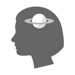 Isolated female head silhouette icon with the planet Saturn