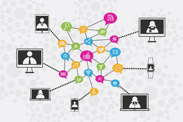 Social Network concept with profile of people on communication devices connected to each others.