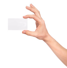 Obraz premium Hand holding an empty business card over white