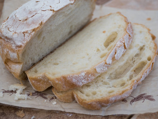 Fresh homemade white sliced bread on cooking paper
