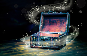 beautiful concept greeting card of opened vintage chest treasure