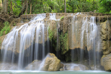 Green and clean waterfall , Erawan waterfall , Loacated Kanjanaburi Province , Thailand