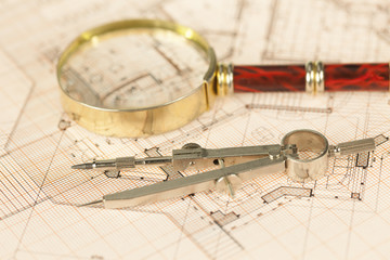 architecture blueprint -  house plans, magnifying glass & compass