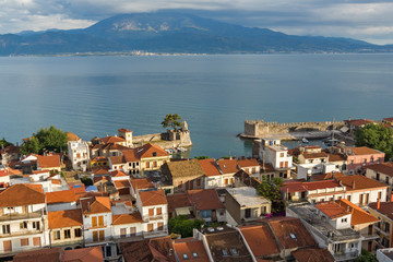 Naklejka na ściany i meble Amazing panorama Panorama with Fortification at the port of Nafpaktos town, Western Greece
