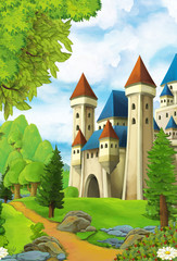 Fototapeta na wymiar Cartoon happy scene of castle on the hill near the forest - stage for different usage - illustration for children